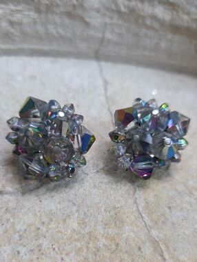 Vintage Aurora AB Crystal Cluster Clip-On Pierced Earrings - Iridescent